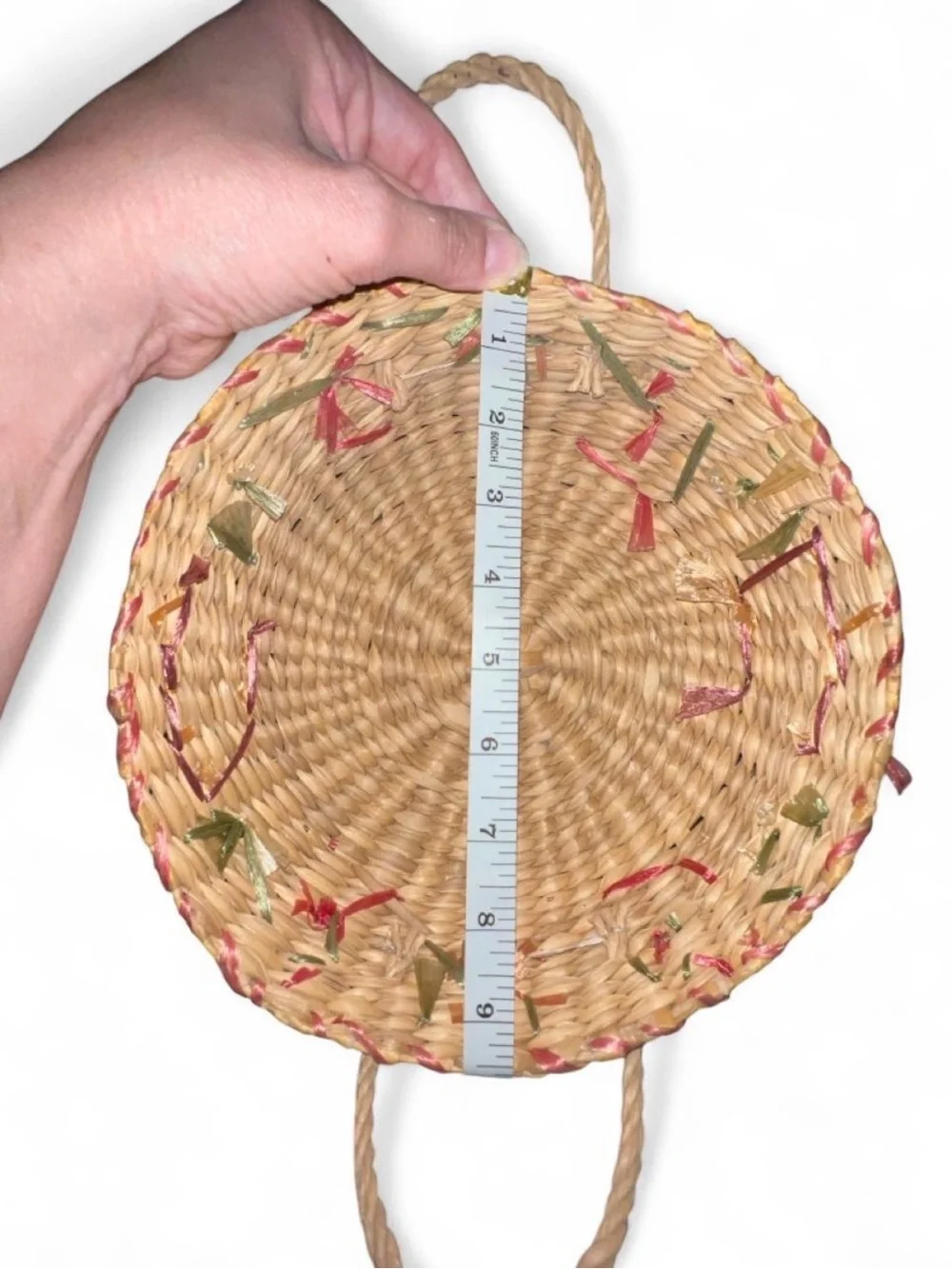 Vintage 70s Handwoven Straw Raffia Flower Accent Basket